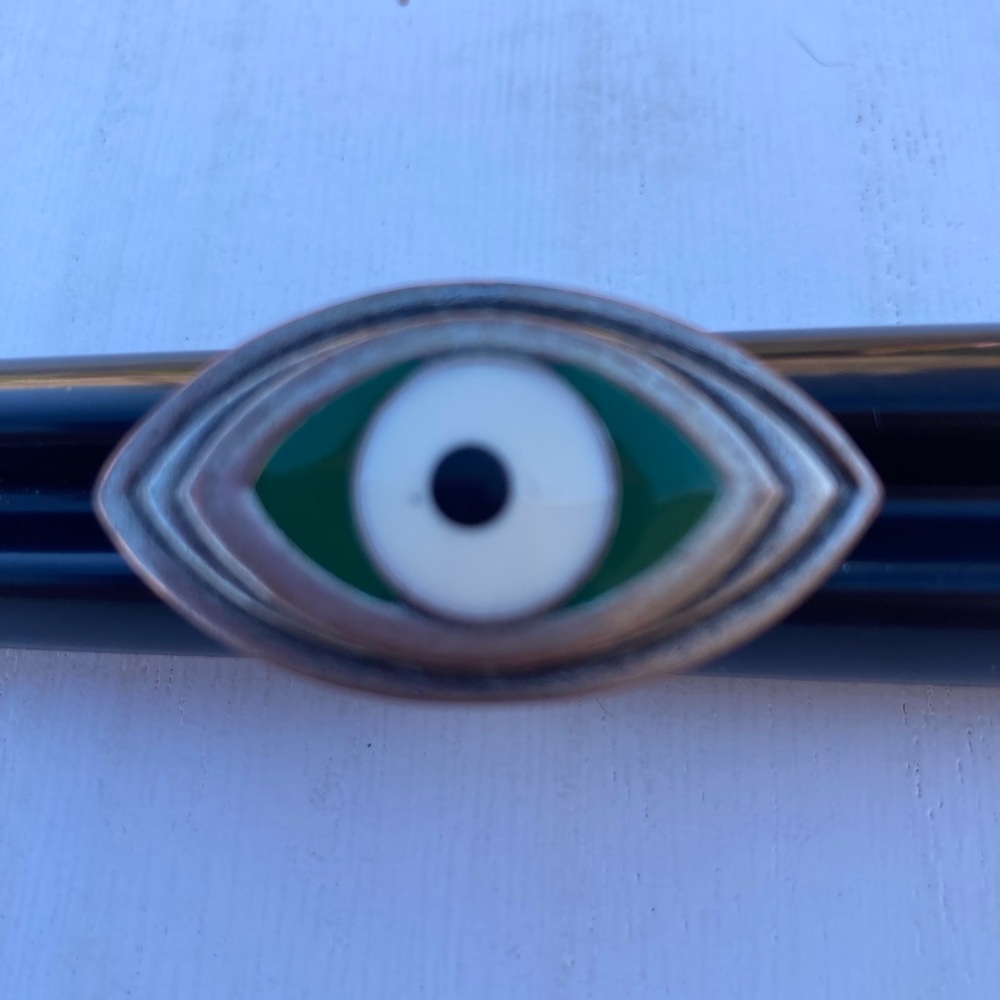 Evil Eye Ring Y2K Silvertone band setting metal enameled size adjustable - Picture 3 of 6